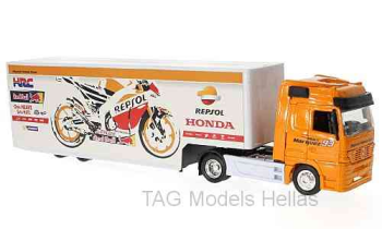 Mercedes Actros, Repsol Honda Team, mit Kastenauflieger  NEWRAY  15883