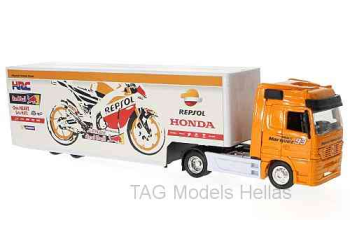 Mercedes Actros, Repsol Honda Team, mit Kastenauflieger  NEWRAY  15883