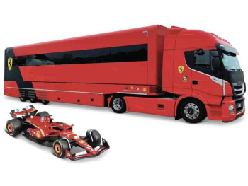 BURAGO FERRARI IVECO S-WAY 570 RACING TRANSPORTER with Ferrari SF-23 #16 CHALES LECLERC 2023  36867